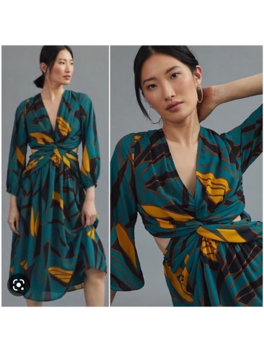Ranna Gill Dress Anthropologie Floral Cut Out Midi Twist Front Boho Vacation NWT